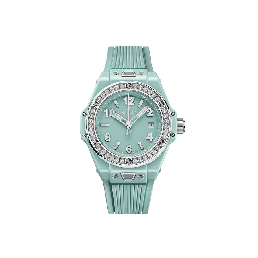 Unworn Big Bang One Click Mint Green Ceramic Diamonds 33, 485.GS.5271.RX.1204, box and papers