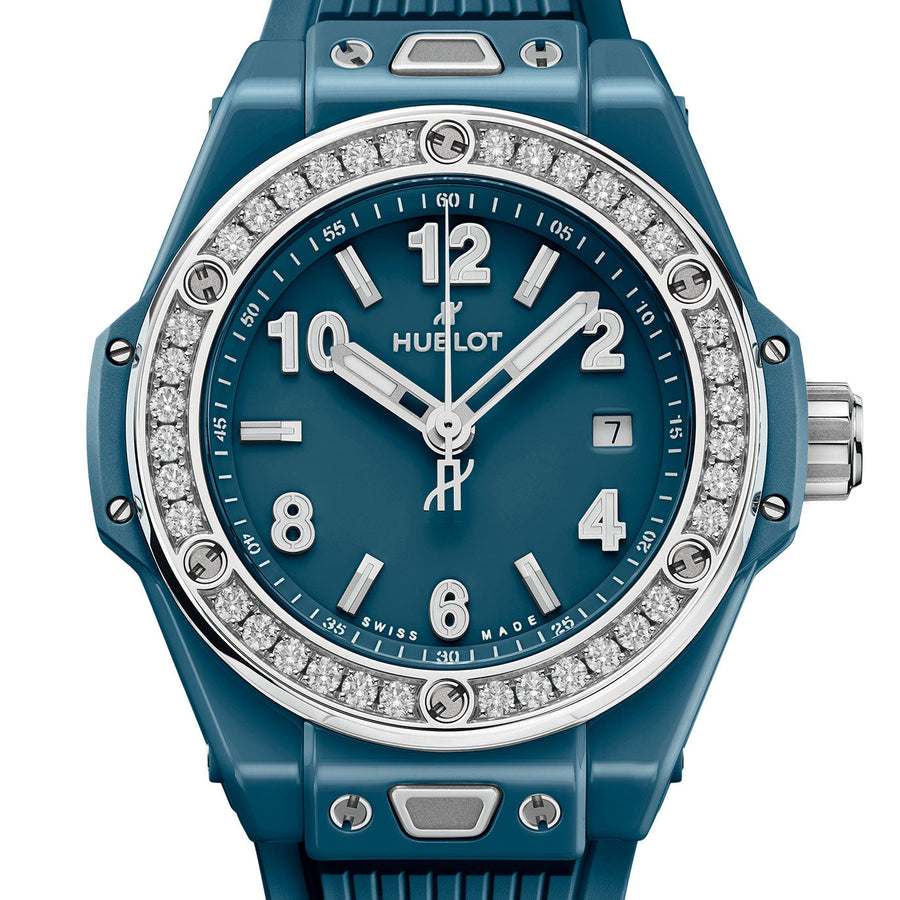 Unworn Big Bang One Click Petrol Blue Ceramic Diamonds 33, 485.ES.5171.RX.1204, box and papers — image 2