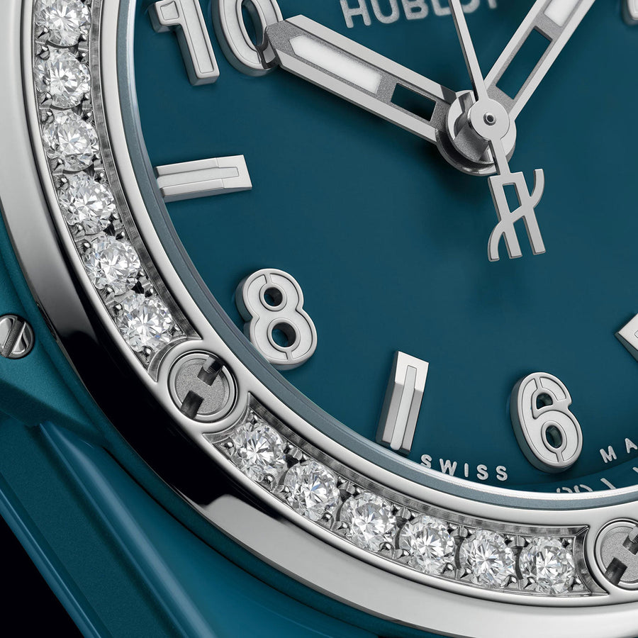 Unworn Big Bang One Click Petrol Blue Ceramic Diamonds 33, 485.ES.5171.RX.1204, box and papers — image 4