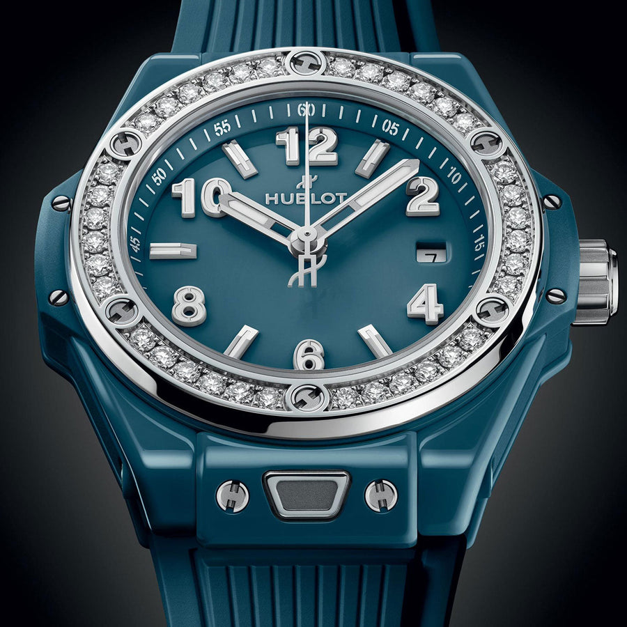 Unworn Big Bang One Click Petrol Blue Ceramic Diamonds 33, 485.ES.5171.RX.1204, box and papers — image 5