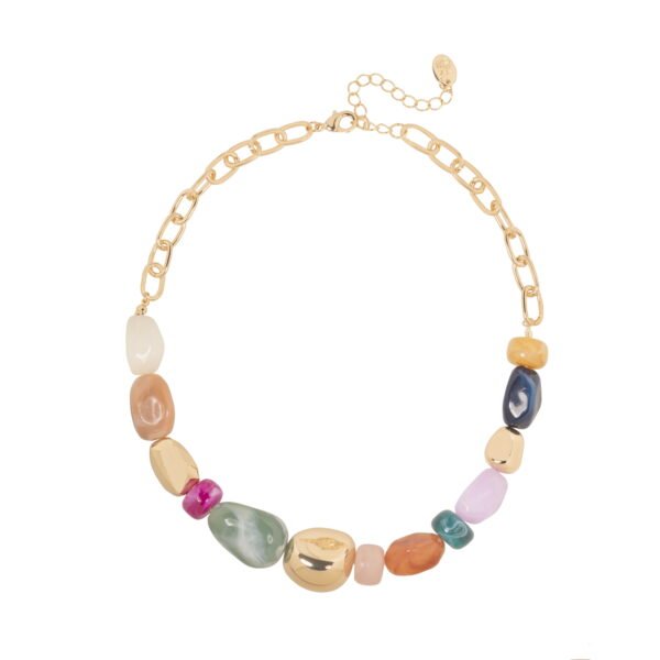 Time and Tru Women's Gold Tone Statement Necklace with Colorful Beads and Chain Detail
