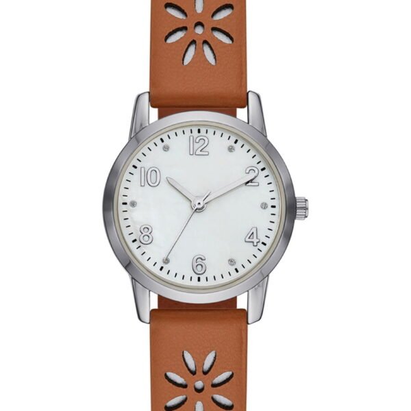 Time and Tru Women's Analog Watch: Silver Tone Round Case, Crystal Accent on Faux Mother of Pearl Dial, Brown Faux Leather Perforated Strap (FMDOTT054)