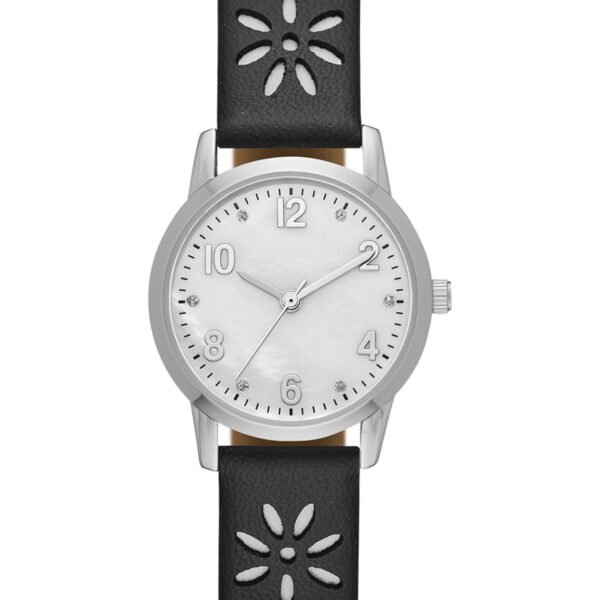 Time and Tru Women's Analog Watch: Silver Tone Round Case, Crystal Accent on Faux Mother of Pearl Dial, Black Faux Leather Perforated Strap (FMDOTT031)
