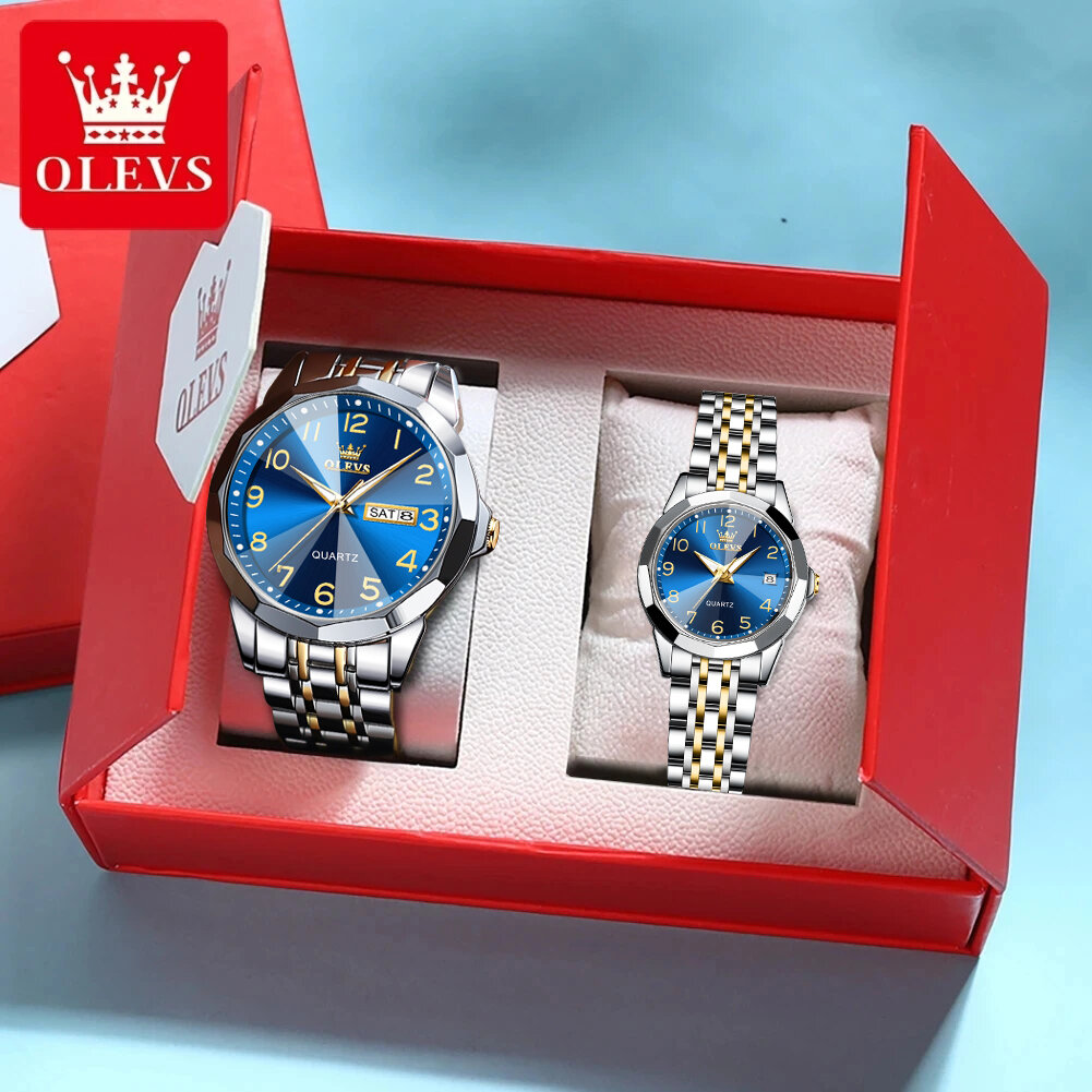 olevs 9970 luxury couple watch men women stainless steel waterproof calendar wristwatch digital dial rhombus mirror lovers watch