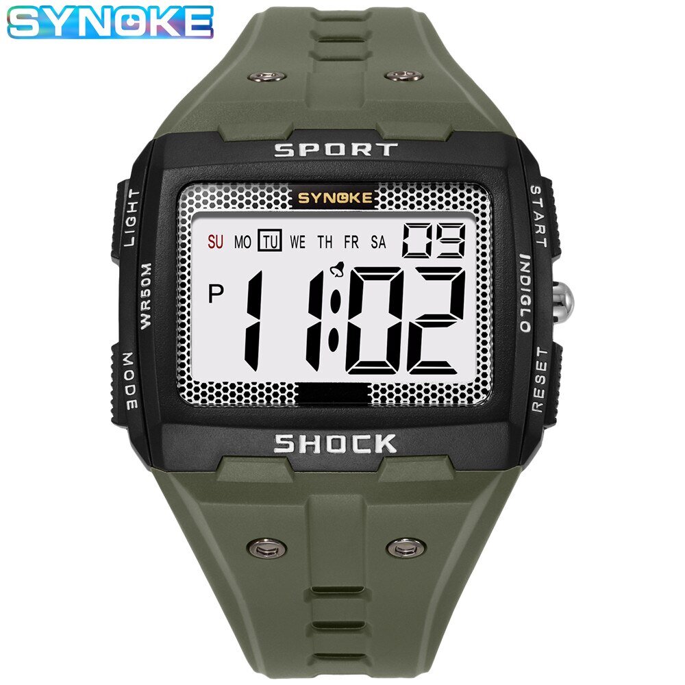 synoke new for men sports electronic watch waterproof night glow large screen square outdoor running camping student watch