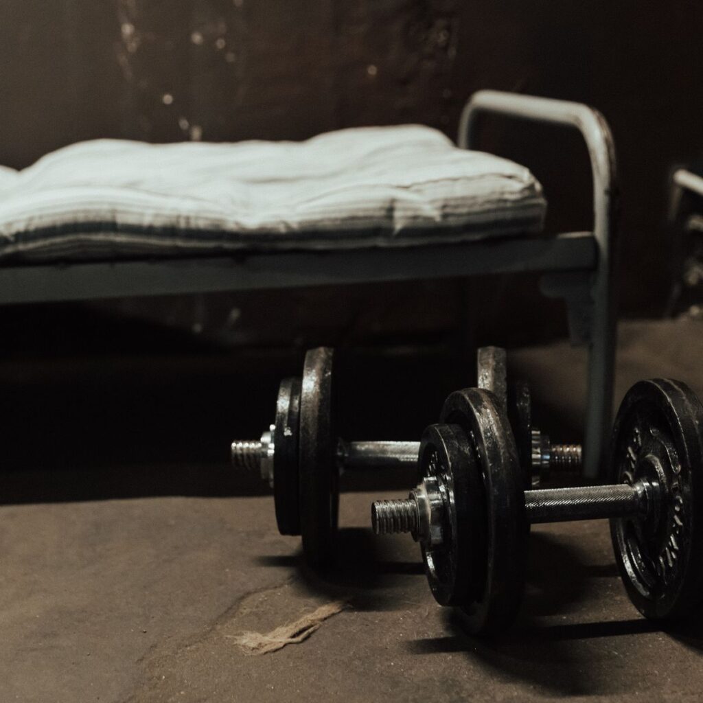 Cast iron free weights in a home gym